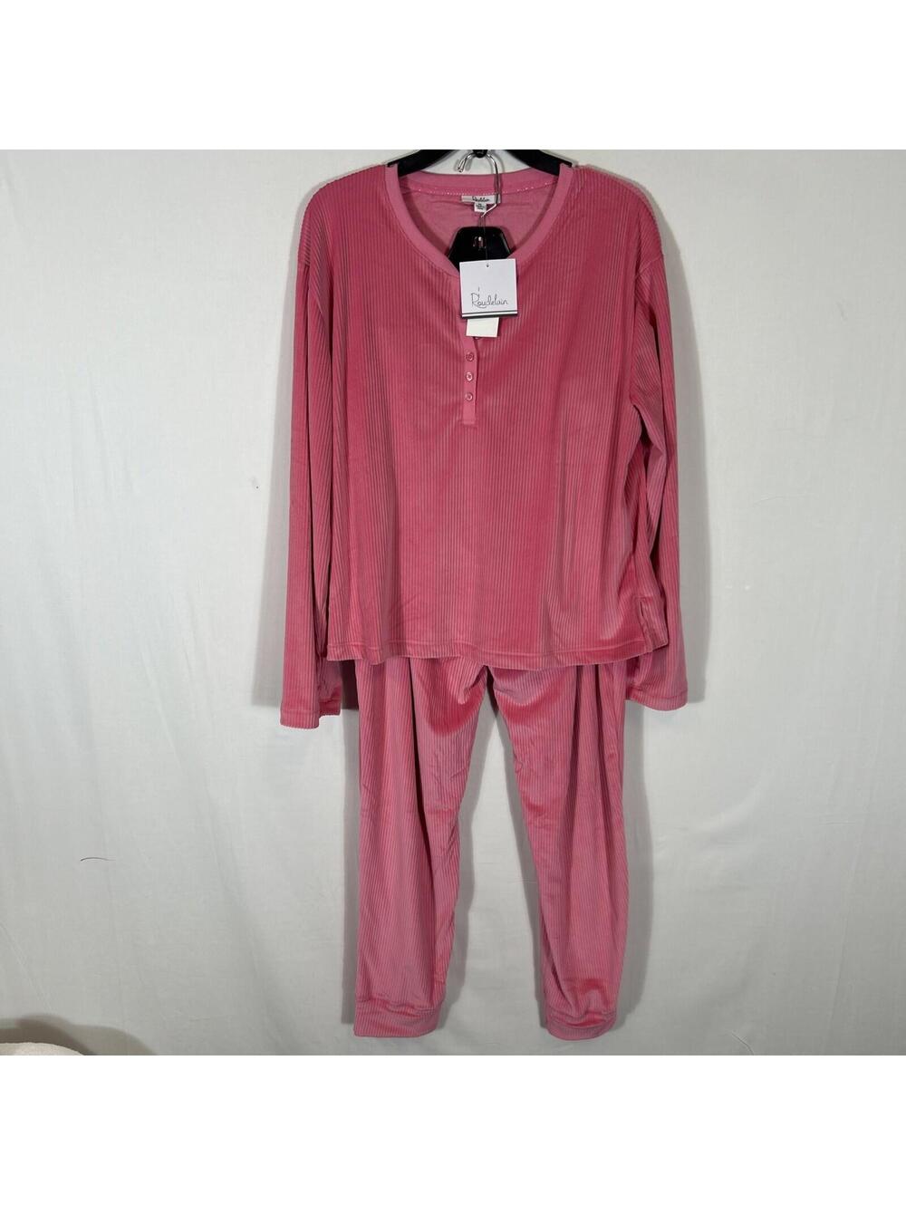 $79 Roudelain Women 2 Pc Pajama Set Hot Pink XL Ribbed Velour Henley Lounge